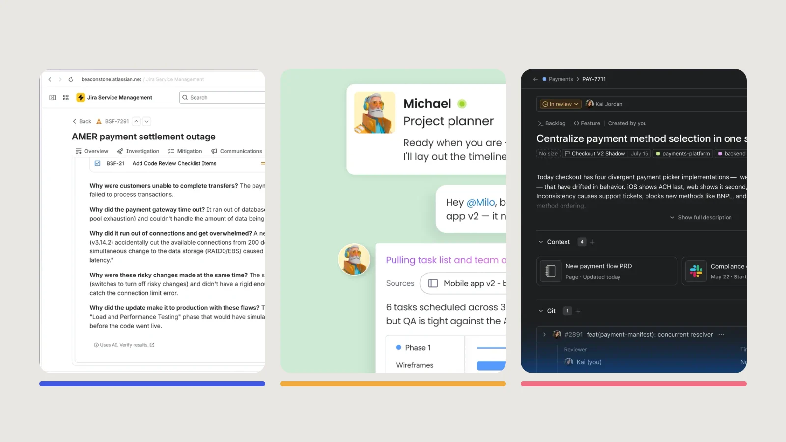 Three product screenshots side by side showing Atlassian Rovo, monday.com AI and Asana AI