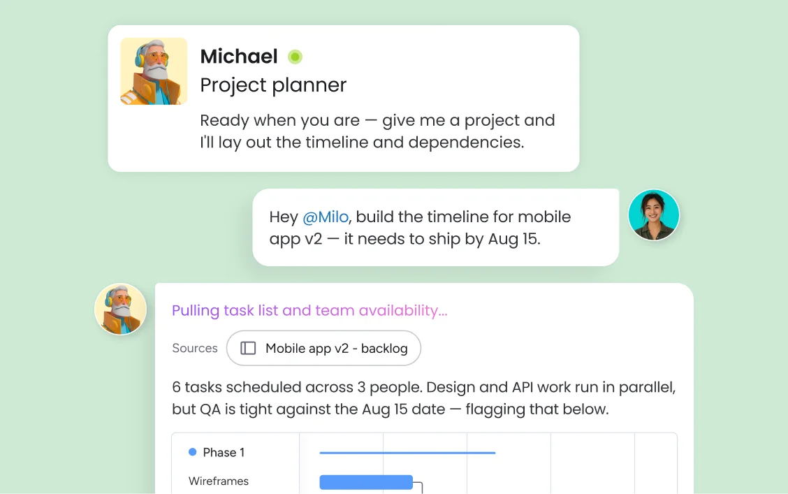 monday.com AI project planner agent building a project timeline from a chat request