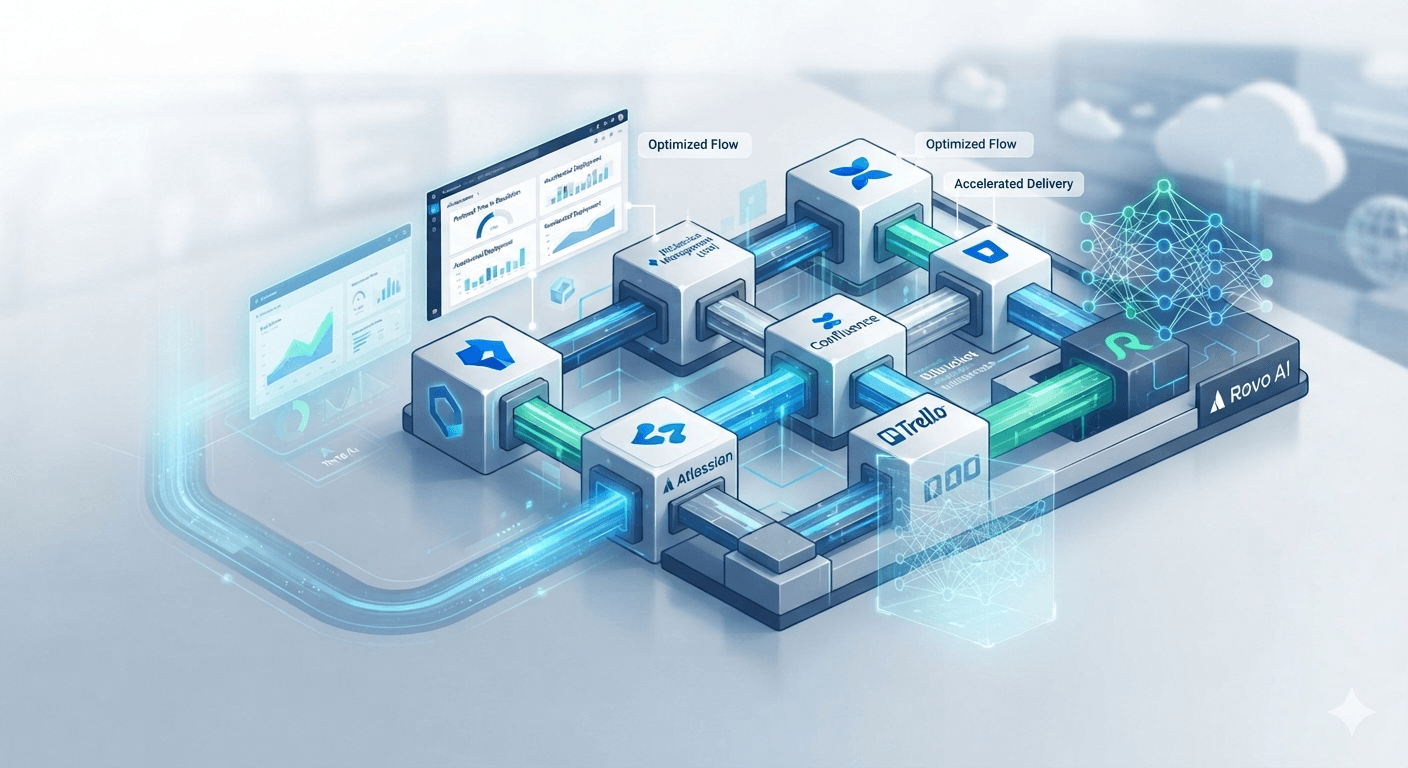Illustration of the connected Atlassian ecosystem of products