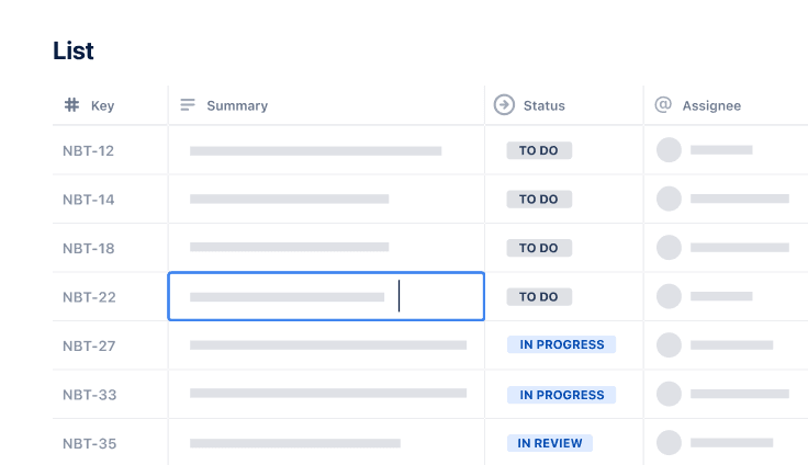 Jira list view showing work items with key, summary, status and assignee columns